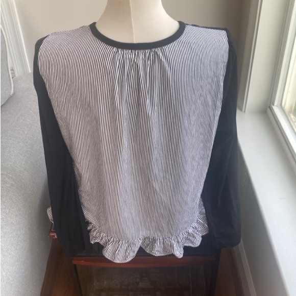 Kate Spade Broome Street spring black & white mix media top with ruffle medium - Picture 3 of 11